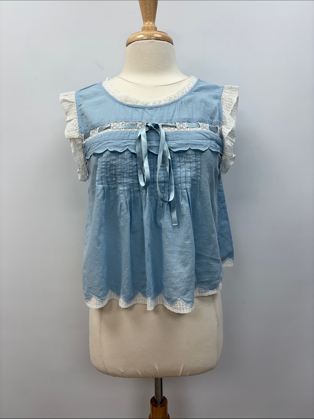 Loveshackfancy Cottage Ruffle Lace Pleated Prairie Woven Shirt Blue Medium